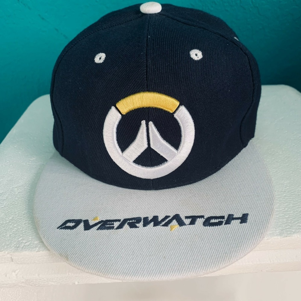 Overwatch Video Game Snapback Hat Navy Blue Grey Embroidered Logo Flat Brim Cap